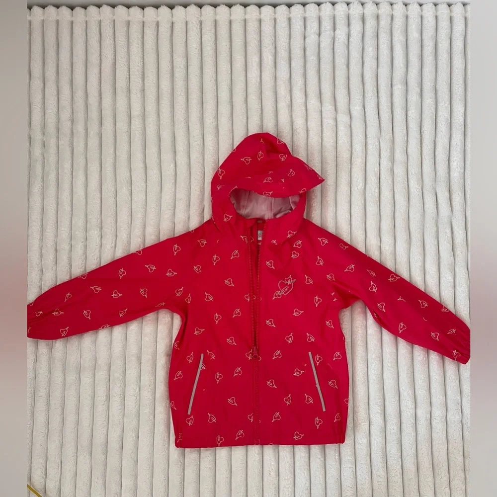 Girls Pink Waterproof Raincoat Hooded Jacket Hearts EU 116 US 5-6